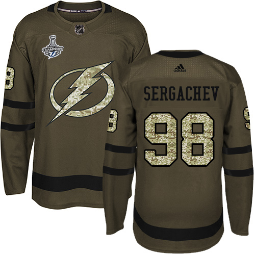 Men Adidas Tampa Bay Lightning #98 Mikhail Sergachev Green Salute to Service 2020 Stanley Cup Champions Stitched NHL Jersey
